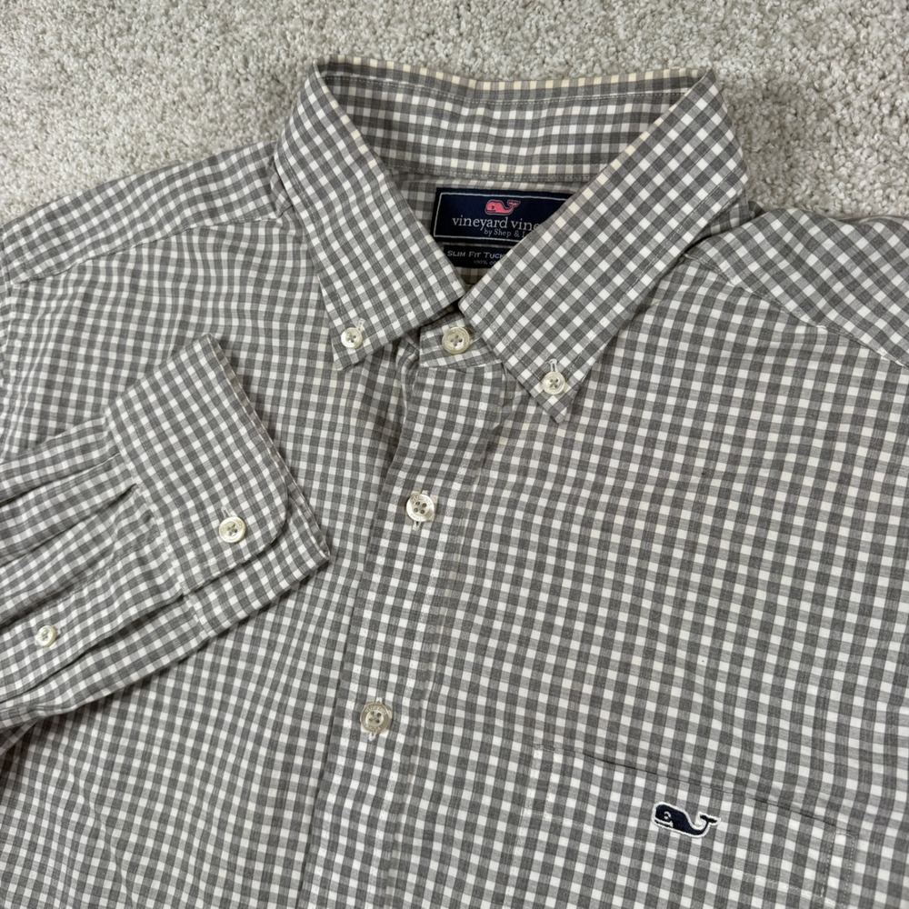 Vineyard Vines Button Down Mens L Grey Gingham Slim Fit Tucker Shirt Long Sleeve